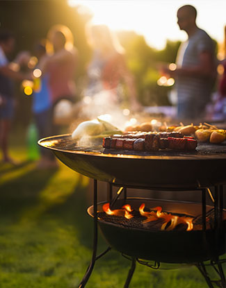 Bestmögliche Arbeitsbedingungen - Eine Grillparty, bei der im Vordergrund ein Grill mit dampfenden Würstchen zu sehen ist. Im Hintergrund sind unscharf Partygäste, die etwas trinken und sich unterhalten.